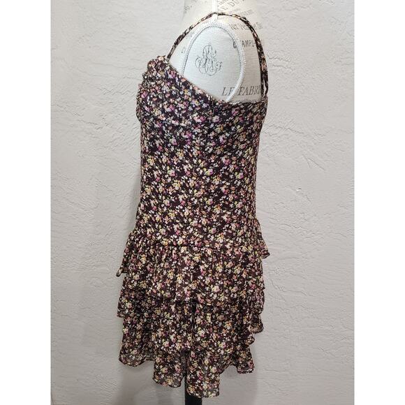 Express Brown Flower Design Strapless or Tank Top Tiered Fitted Mini Skirt - Picture 2 of 8